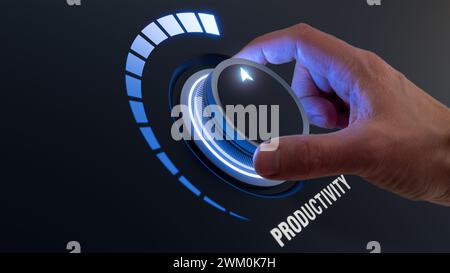 Steigern Sie die Produktivität mit KI-basierter Technologie, die Manager für effiziente Änderungen und strategische Entscheidungen befähigt. Drehknopf durch Person zur Verbesserung der PR Stockfoto