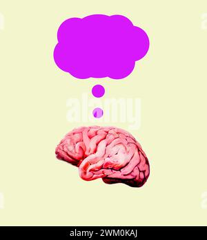 Gedankenblase über dem Gehirn vor gelbem Hintergrund Stockfoto