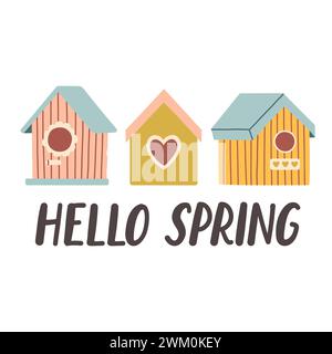 Hallo Frühlingszitate. Handgezeichnetes Design mit Blumenmuster im Frühling. Positive Sätze für Aufkleber, Postkarten oder Poster Stock Vektor