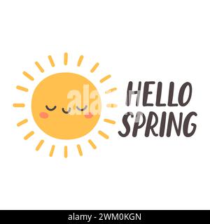 Hallo Frühlingszitate. Handgezeichnetes Design mit Blumenmuster im Frühling. Positive Sätze für Aufkleber, Postkarten oder Poster Stock Vektor