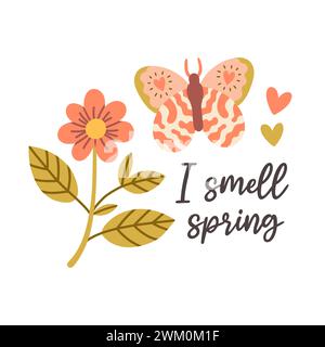 Hallo Frühlingszitate. Handgezeichnetes Design mit Blumenmuster im Frühling. Positive Sätze für Aufkleber, Postkarten oder Poster Stock Vektor