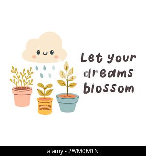 Hallo Frühlingszitate. Handgezeichnetes Design mit Blumenmuster im Frühling. Positive Sätze für Aufkleber, Postkarten oder Poster Stock Vektor