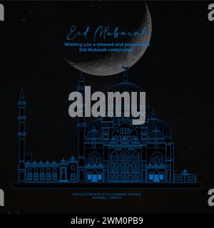 Eid Mubarak mit der Illustration der Süleymaniye-Moschee. Turkiye Wahrzeichen und alte Moschee. Stock Vektor