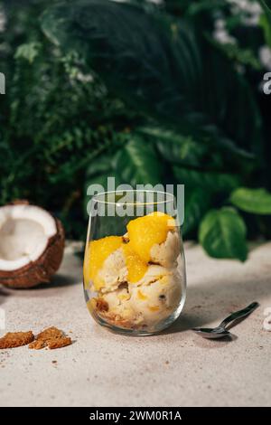 Erfrischendes Eis mit Obstsauce im Glas Stockfoto