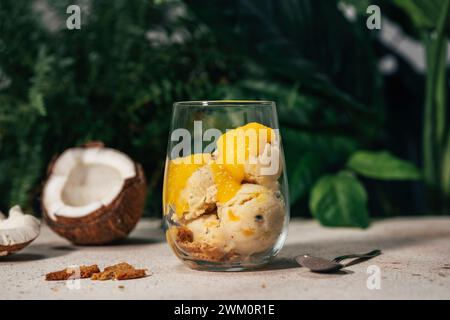 Erfrischendes Kokos-Eis mit Obstsauce im Glas Stockfoto