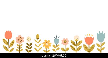 Horizontaler Rand mit pastellfarbenen Frühlingsblumen. Isoliert auf weißem Hintergrund. Bunte Gartenblumen in einer Reihe. Stock Vektor