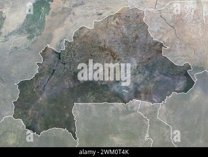 Farb-Satellitenbild von Burkina Faso und den Nachbarländern, mit Grenzen und Maske. Stockfoto