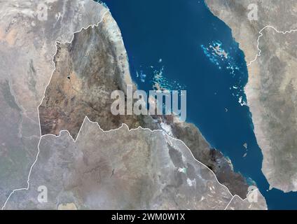 Farb-Satellitenbild von Eritrea, mit Rändern und Maske. Stockfoto