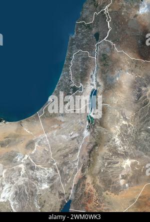 Farb-Satellitenbild von Israel und den Palästinensischen Gebieten, mit Grenzen. Stockfoto