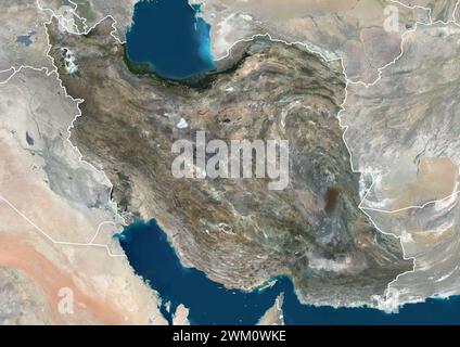 Farb-Satellitenbild des Iran, mit Grenzen und Maske. Stockfoto