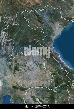 Farb-Satellitenbild von Laos und den Nachbarländern, mit Grenzen. Stockfoto