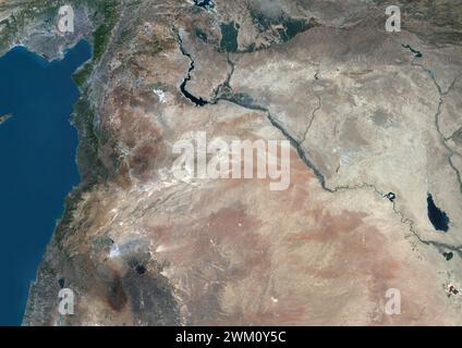 Farbsatellitenbild von Syrien und Nachbarländern. Stockfoto