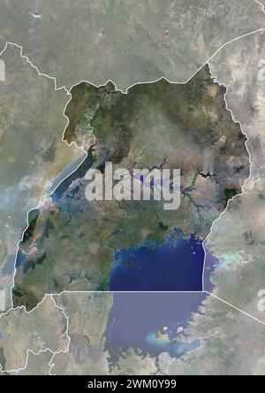 Farb-Satellitenbild von Uganda, mit Grenzen und Maske. Stockfoto