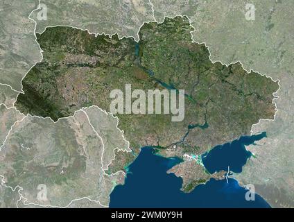 Farb-Satellitenbild der Ukraine, mit Grenzen und Maske. Stockfoto