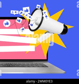 Symbole für Notebooks, Megaphone und soziale Medien. Bild für Blog-Artikel über die Macht sozialer Medien für das Markenwachstum. Zeitgenössische Kunstcollage. Stockfoto