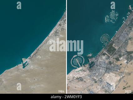Farb-Satellitenbild von Dubai in den Jahren 1984 und 2022. Stockfoto