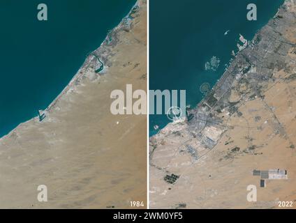 Farb-Satellitenbild von Dubai in den Jahren 1984 und 2022. Stockfoto