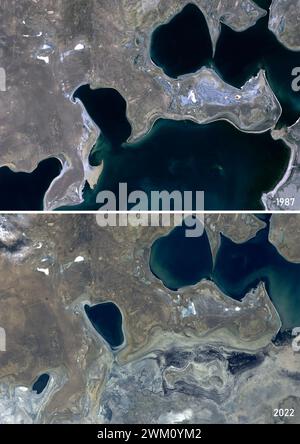 Farb-Satellitenbild des Schrumpfens des Aralmeeres zwischen 1986 und 2022. Stockfoto