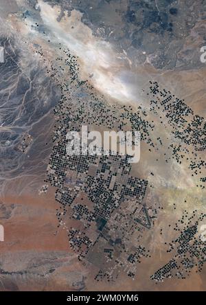 Farb-Satellitenbild der landwirtschaftlichen Felder im Wadi AS-Sirhan-Becken, Saudi-Arabien im Jahr 2022. Die Felder werden mit Wasser bewässert, das aus unterirdischen Grundwasserleitern gepumpt wird. Dieses Wasser wird in Rotation um einen Mittelpunkt innerhalb eines kreisförmigen Feldes verteilt – eine Technik, die als Mittelpunkt-Pivot-Landwirtschaft bekannt ist. Stockfoto