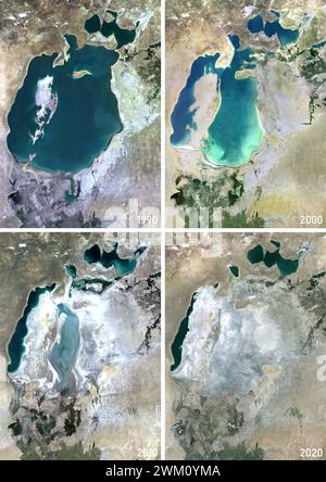 Farb-Satellitenbild des Schrumpfens des Aralmeeres in den Jahren 1990, 2000, 2010 und 2020. Stockfoto