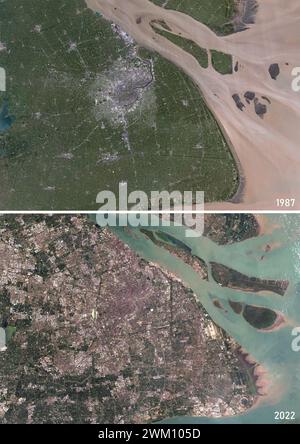 Farb-Satellitenbild von Shanghai, China in den Jahren 1987 und 2022. Stockfoto