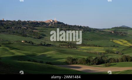 Blick auf sanfte, grüne Hügel und eine kleine mittelalterliche Bergstadt im Frühling, Toskana, Italien Stockfoto