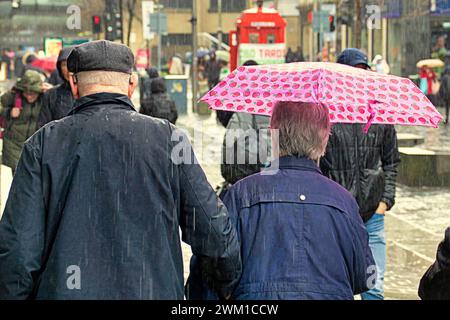 Glasgow, Schottland, Großbritannien. Februar 2024. Wetter in Großbritannien: Bei starkem Regen unterschlugen die Einheimischen unter Regenschirmen auf der stilvollen Mile Sauchiehall Street. Credit Gerard Ferry/Alamy Live News Stockfoto