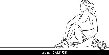Ununterbrochene Einzeilenzeichnung der Frau, die mit Hantel im Fitnessstudio trainiert, Linienart-Vektor-Illustration Stock Vektor