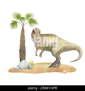 Aquarellillustration eines Dinosauriers Tyrannosaurus rex auf Sand mit Palmen, Aquarelltextur, handgemacht, isoliert. Für Kinderzimmer eingerichtet Stockfoto