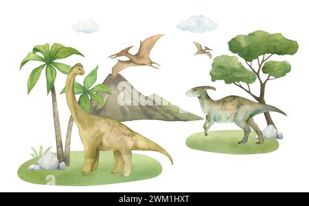 Aquarellillustration eines Dinosauriers Diplodocus, parasaurolophus und Pterodactyl auf grünem Gras mit Palmen, Bergen, Wolken, Aquarell Stockfoto