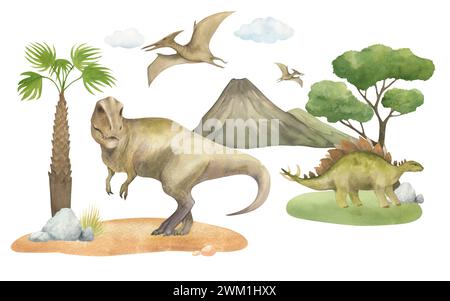 Aquarellillustration eines Dinosauriers Tyrannosaurus rex, Stegosaurus und Pterodactyl auf grünem Gras mit Palmen, Bergen, Wolken, isoliert. Für Stockfoto