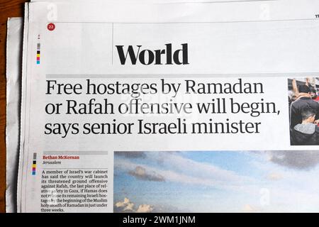 "Die Offensive der freien Geiseln durch Ramadan oder Rafah wird beginnen, sagt der hochrangige israelische Minister' Guardian, die Zeitung Israel Hamas Krieg artikel 2024 UK Stockfoto