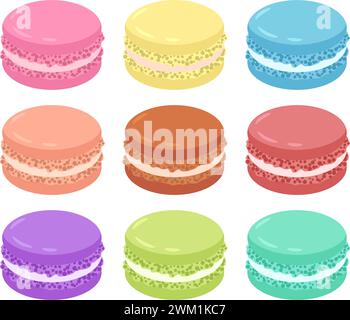 Vektorsammlung von bunten französischen Makaron- oder Makronen-Ikonen isoliert auf weißem Hintergrund. Set mit süßen Dessert Macarons Cartoon Stock Vektor