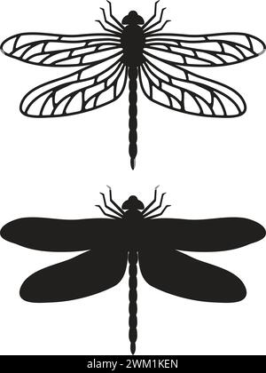 Vektorsatz von Libellensymbolen isoliert auf weißem Hintergrund. Silhouette und Kontur der libelle Stock Vektor