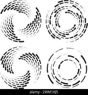 Abstrakter radialer Vektorhintergrund konzentrischer gestrichelter Welligkeitskreise. Kreislinien Grafikmuster. Wirbelwelligkeit als Bewegungskonzept Stock Vektor