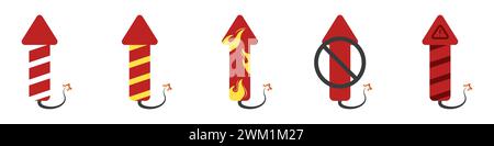 Feuerwerk-Vektorsatz. Symbolsatz von Pyrotechnik für Feiertage Vektor. Explosive Raketen für das neue Jahr in verschiedenen Stilen Vektor. Stock Vektor