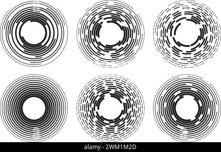 Abstrakter radialer Vektorhintergrund konzentrischer Welligkeitskreise. Kreislinien Grafikmuster. Gepunktete Linien welken als Bewegungskonzept. Isoliert auf Wi Stock Vektor