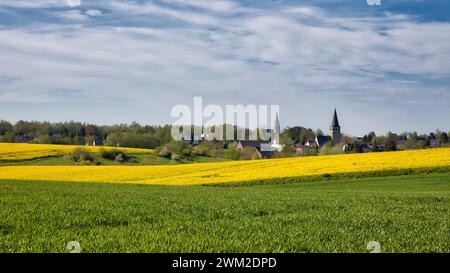 Blick auf ratingen homberg über Rapsfeld im Frühling und wolkenblauem Himmel Stockfoto