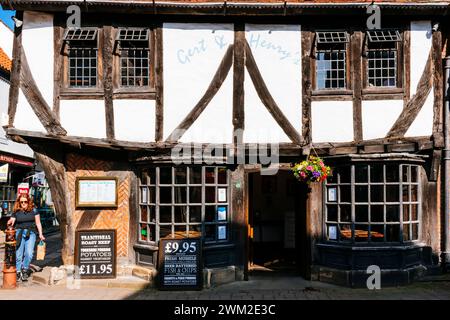 Tudor-Architektur. Gert und Henrys Pub im Shambles. York, North Yorkshire, Yorkshire und The Humber, England, Vereinigtes Königreich, Europa Stockfoto