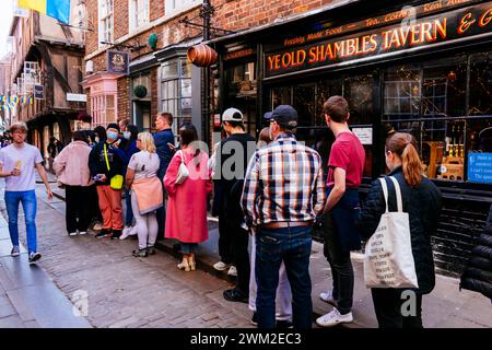 Schlange von Leuten, die in einem Geschäft Schokolade kaufen. Das Chaos. York, North Yorkshire, Yorkshire und The Humber, England, Vereinigtes Königreich, Europa Stockfoto