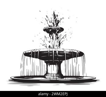 Springbrunnen. Doodle-STYLE. Schöner Marmorbrunnen im Freien. Skizzieren Sie Vintage-Vektor-Illustration Stock Vektor