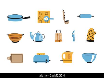 Küchenutensilien, buntes Icons-Set. Küchenutensilien zum Kochen. Flacher Cartoon-Stil mit schwarzen, dicken Linienelementen. Stock Vektor