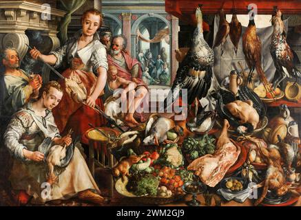 Die gut sortierte Küche, mit Jesus im Haus der Martha und Maria im Hintergrund. Joachim Bueckelaer. 1566. Stockfoto