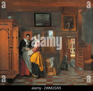 Interieur mit Frauen neben einem Leinenschrank, Pieter de Hooch, 1663 Stockfoto