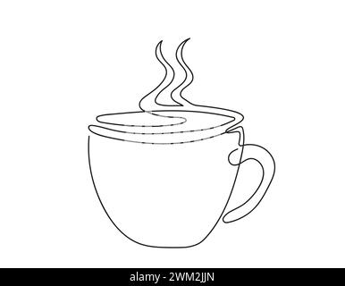 Line Art der heißen Tasse mit Dampf. Kaffee- oder Teetasse. Durchgehende einzeilige Zeichnung. Isoliert auf weißem Hintergrund. Designelement für Druck, Gruß, Postkarte, Scrapbooking. Konzept von Heißgetränk, Getränk Stock Vektor