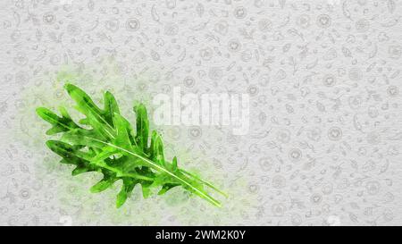 Obst und Gemüse in Aquarellfarben. Rucola. Text und Preis können auf der rechten oder oberen Seite des Bildes geschrieben werden. Nährwerte können geschrieben werden. Stockfoto