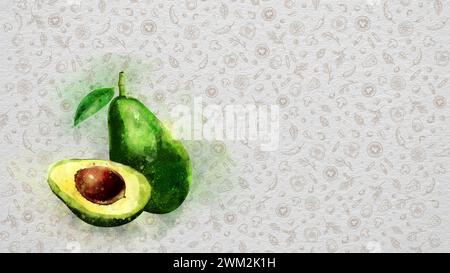 Obst und Gemüse in Aquarellfarben. Avocado. Text und Preis können auf der rechten oder oberen Seite des Bildes geschrieben werden. Nährwerte können geschrieben werden. Stockfoto
