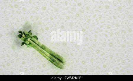 Obst und Gemüse in Aquarellfarben. Sellerie. Text und Preis können auf der rechten oder oberen Seite des Bildes geschrieben werden. Nährwerte können geschrieben werden. Stockfoto
