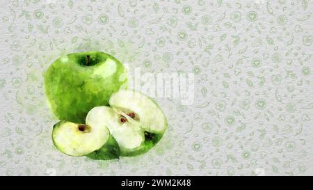 Obst und Gemüse in Aquarellfarben. Grüner Apfel. Text und Preis können auf der rechten oder oberen Seite des Bildes geschrieben werden. Stockfoto