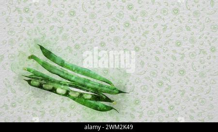 Obst und Gemüse in Aquarellfarben. Grüne Bohne. Text und Preis können auf der rechten oder oberen Seite des Bildes geschrieben werden. Stockfoto